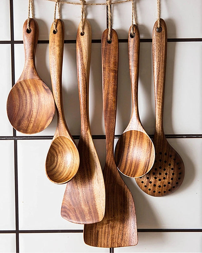 Eco-Friendly Teak Wood Kitchen Tool Set - 7 Durable Cooking Utensils