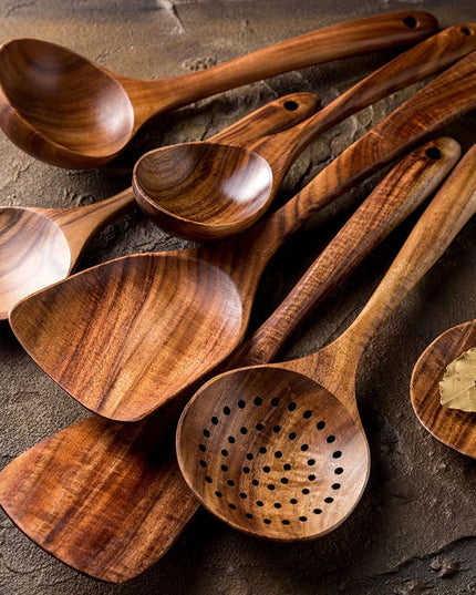 Eco-Friendly Teak Wood Kitchen Tool Set - 7 Durable Cooking Utensils