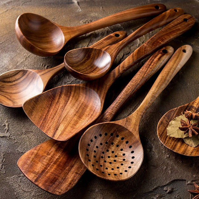 Eco-Friendly Teak Wood Kitchen Tool Set - 7 Durable Cooking Utensils