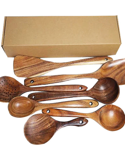 Eco-Friendly Teak Wood Kitchen Tool Set - 7 Durable Cooking Utensils