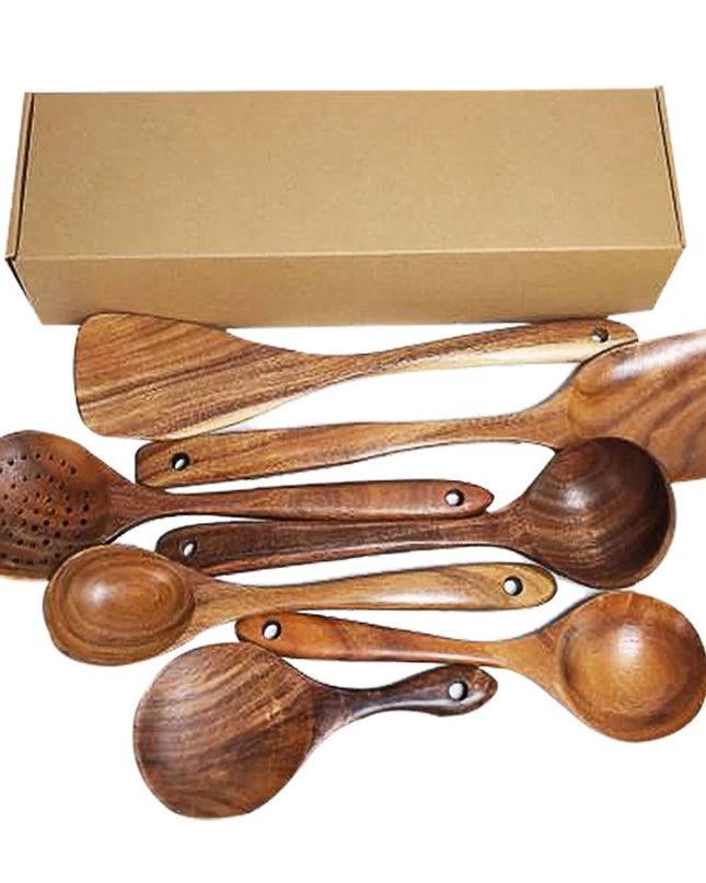 Eco-Friendly Teak Wood Kitchen Tool Set - 7 Durable Cooking Utensils