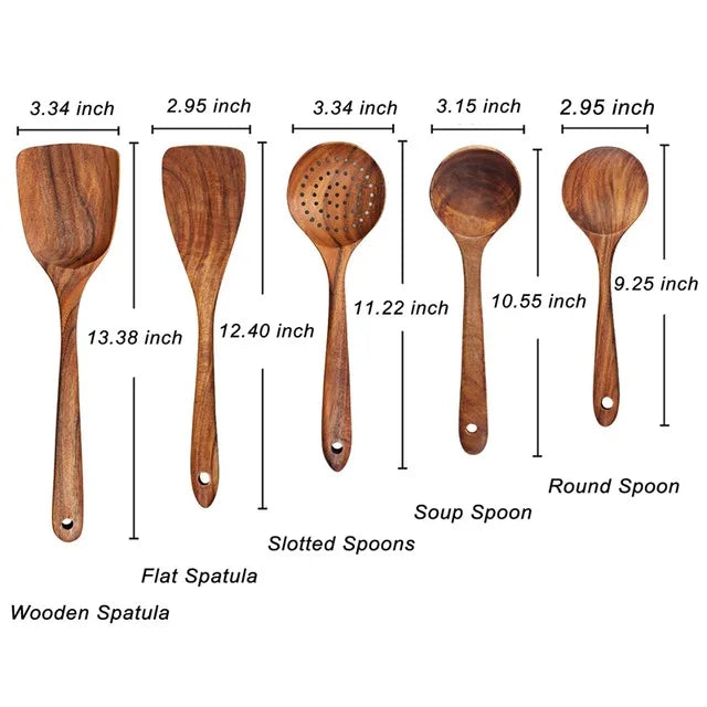 Eco-Friendly Teak Wood Kitchen Tool Set - 7 Durable Cooking Utensils