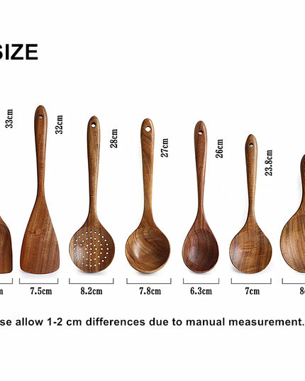 Eco-Friendly Teak Wood Kitchen Tool Set - 7 Durable Cooking Utensils