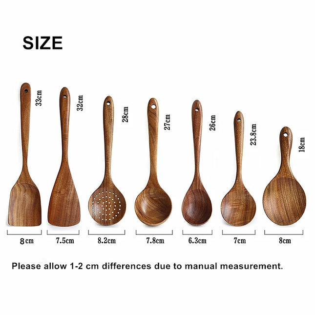 Eco-Friendly Teak Wood Kitchen Tool Set - 7 Durable Cooking Utensils