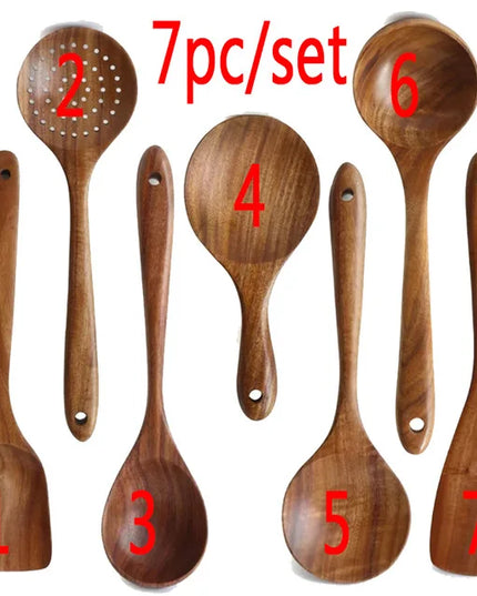 Eco-Friendly Teak Wood Kitchen Tool Set - 7 Durable Cooking Utensils