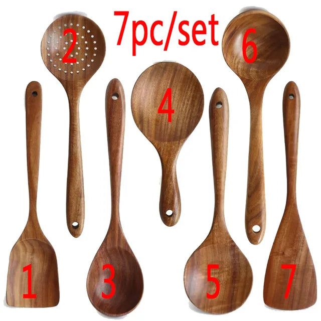 Eco-Friendly Teak Wood Kitchen Tool Set - 7 Durable Cooking Utensils
