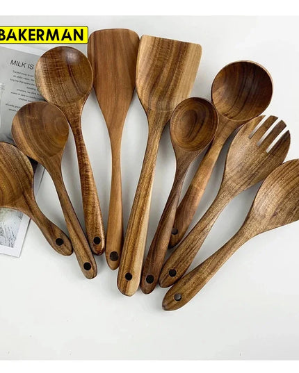 Eco-Friendly Teak Wood Kitchen Tool Set - 7 Durable Cooking Utensils