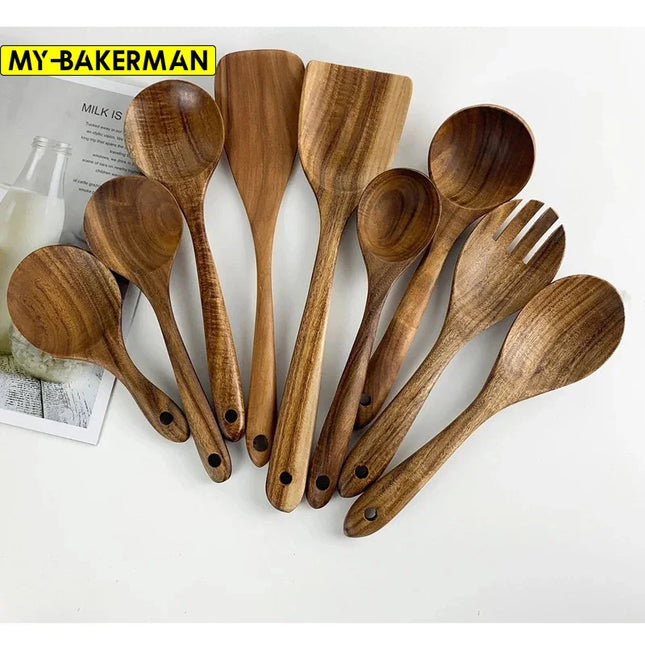 Eco-Friendly Teak Wood Kitchen Tool Set - 7 Durable Cooking Utensils