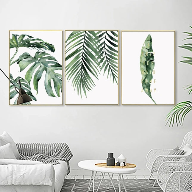 Tropical Plant Canvas Wall Art - Nordic Green Leaves for Home Decor
