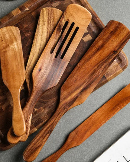 Eco-Friendly Teak Wood Kitchen Tool Set - 7 Durable Cooking Utensils