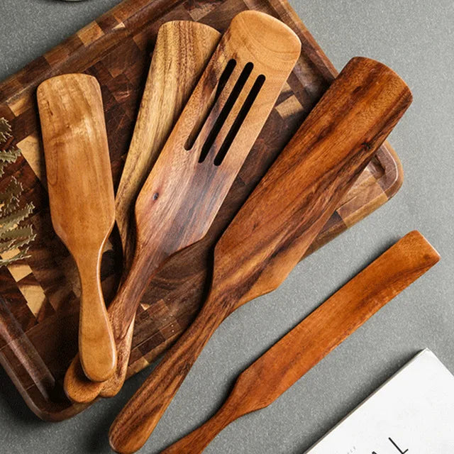 Eco-Friendly Teak Wood Kitchen Tool Set - 7 Durable Cooking Utensils