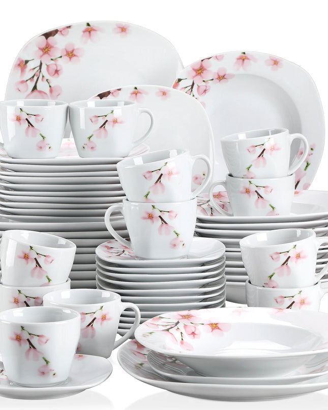 VEWEET ANNIE 60-Piece Porcelain Plate Set - Floral Dinnerware for 12