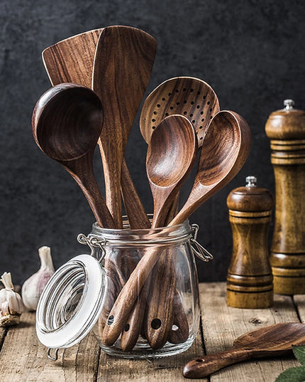 Eco-Friendly Teak Wood Kitchen Tool Set - 7 Durable Cooking Utensils