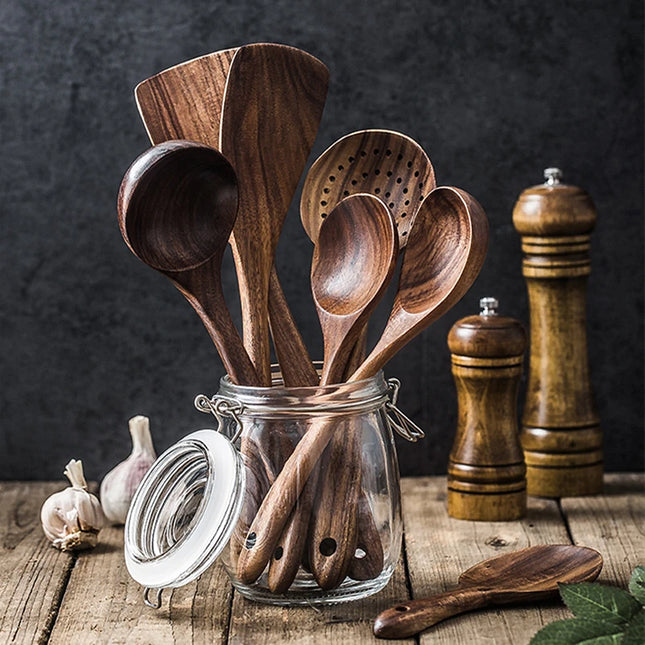Eco-Friendly Teak Wood Kitchen Tool Set - 7 Durable Cooking Utensils
