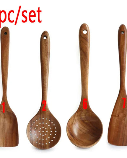 Eco-Friendly Teak Wood Kitchen Tool Set - 7 Durable Cooking Utensils