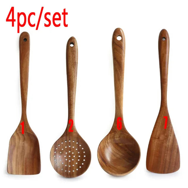 Eco-Friendly Teak Wood Kitchen Tool Set - 7 Durable Cooking Utensils