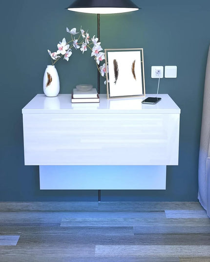 Modern Floating Bedside Table with RGB LED Lights - Cream White