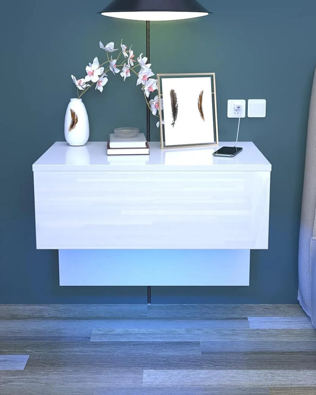 Modern Floating Bedside Table with RGB LED Lights - Cream White