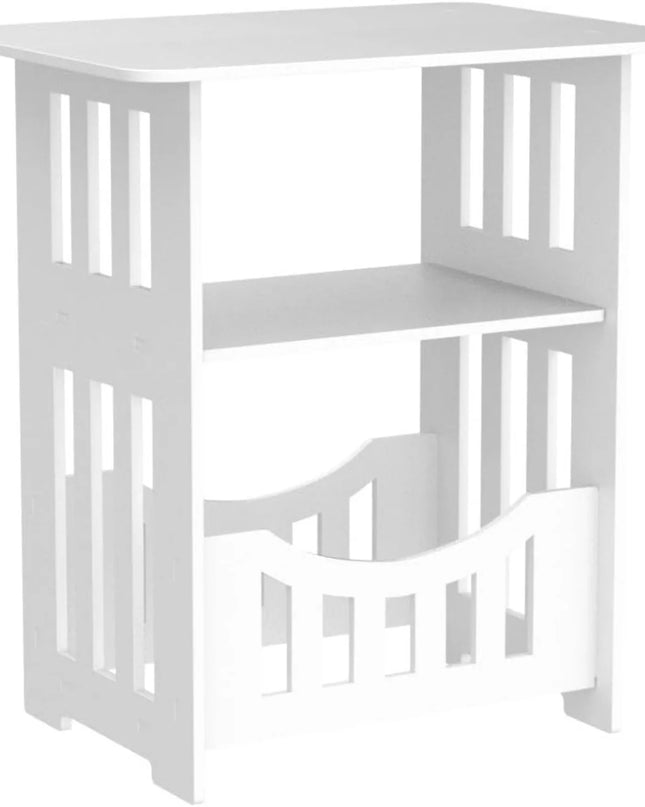 Modern White Bedside Table - Small Table with Storage Shelf