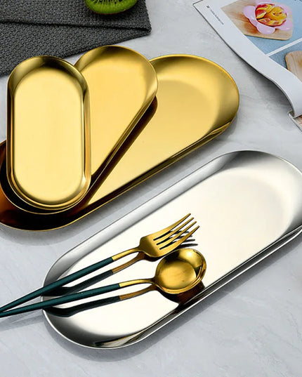 Oval Stainless Steel Gold Dining Plate - Perfect for Cakes & Snacks