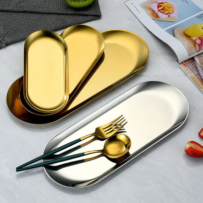 Oval Stainless Steel Gold Dining Plate - Perfect for Cakes & Snacks