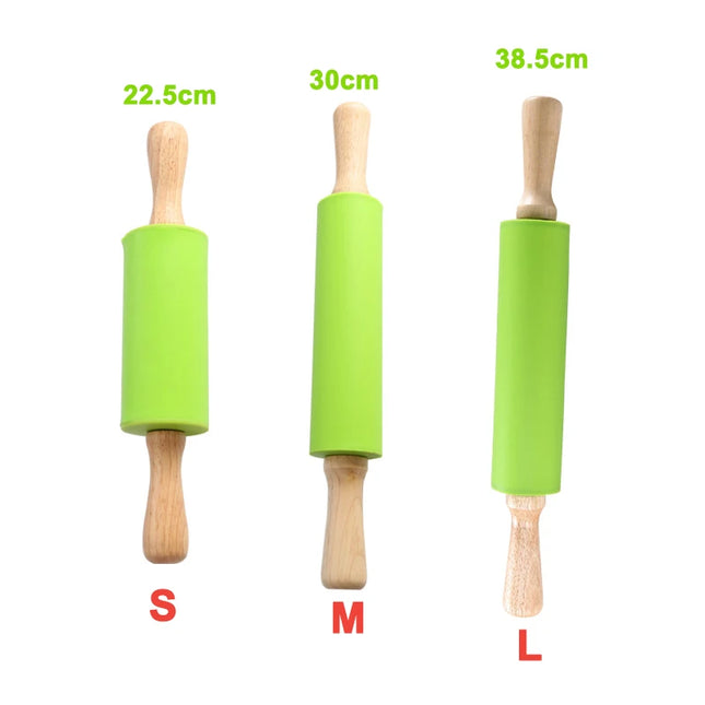 Non-Stick Silicone Rolling Pin with Wooden Handle for Baking Pastry
