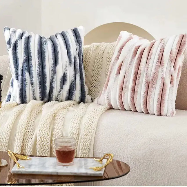 Anqianny Double-Sided Faux Fur Cushion Cover - Fuzzy Striped Decorative Pillow