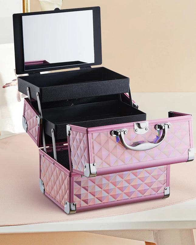 Modishion Portable Makeup Case with Mirror - 2 Trays for Storage