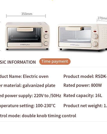 RoyalStar 16L Mini Electric Oven - Multi-Function with Timer Control