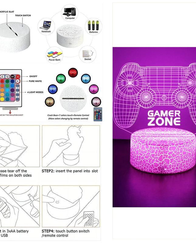 Neon Gamer 3D LED Night Light - RGB Cartoon Lamp for Bedroom