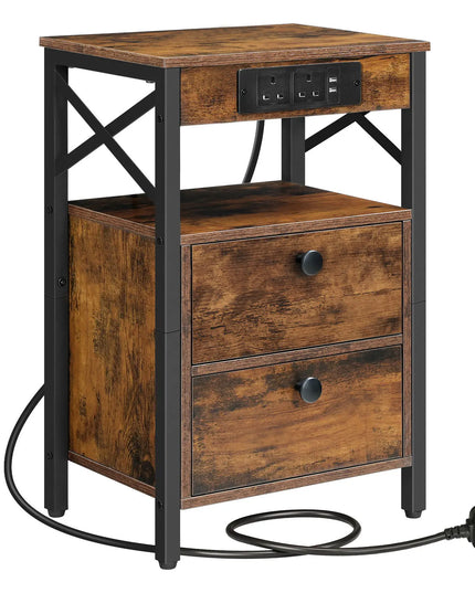 HOOBRO Rustic Brown Bedside Table with Charging Station & USB Ports