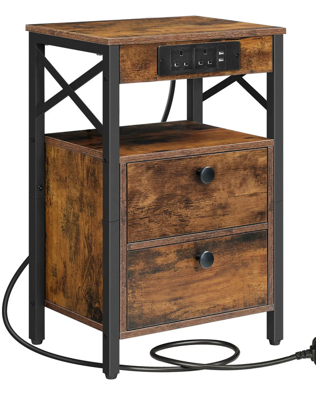 HOOBRO Rustic Brown Bedside Table with Charging Station & USB Ports