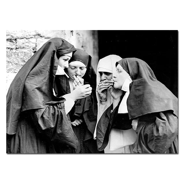 Vintage Smoking Nun Canvas Print - Funny Black and White Wall Art