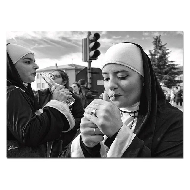 Vintage Smoking Nun Canvas Print - Funny Black and White Wall Art