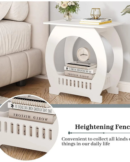Modern White Bedside Table - Slim Nightstand with Storage Basket