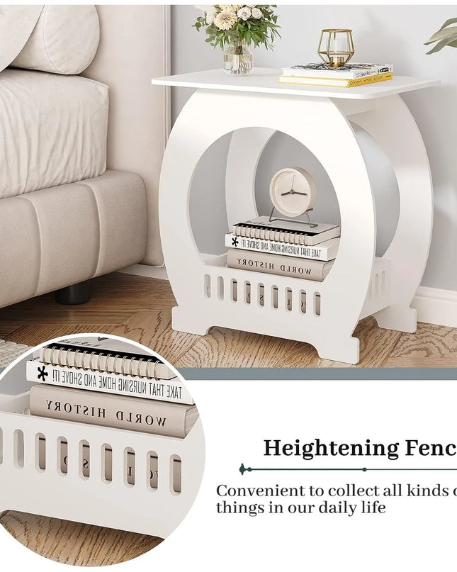 Modern White Bedside Table - Slim Nightstand with Storage Basket