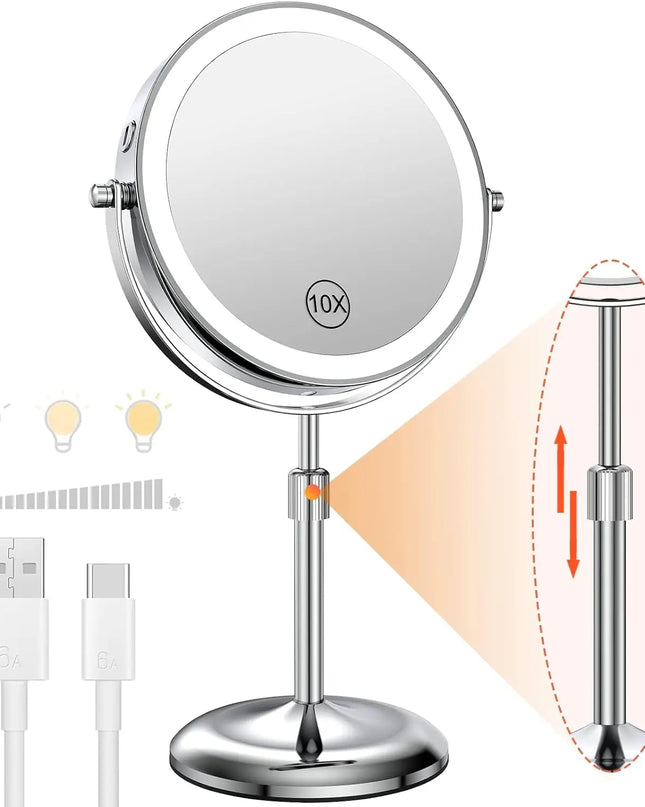 Beauty Star 8" Makeup Mirror with Light - 10X Magnification, Adjustable Height