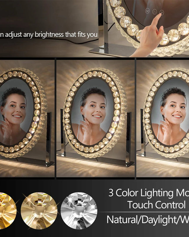 Modishion Oval LED Makeup Mirror - Adjustable Touch Controls & Crystal Frame