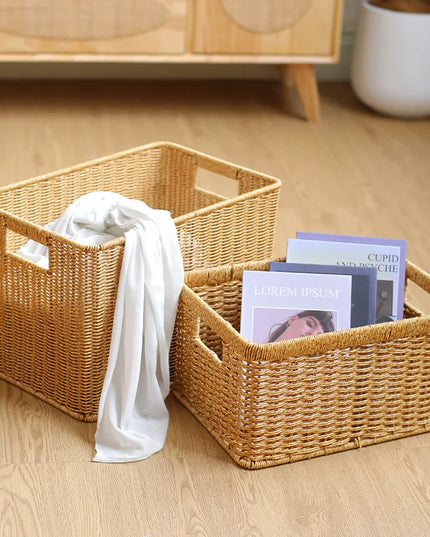 Rattan Straw Storage Basket Japanese Hand-woven Sundries Organizer Baskets Large Capacity Laundry Container Bathroom Organizer
