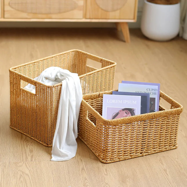 Rattan Straw Storage Basket Japanese Hand-woven Sundries Organizer Baskets Large Capacity Laundry Container Bathroom Organizer