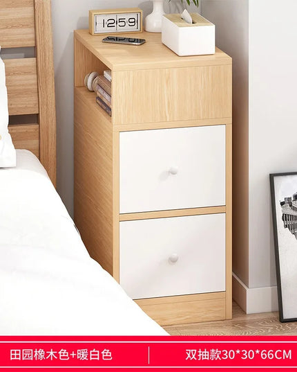 Modern Slim Bedroom Bedside Table - 2 Drawer Nightstand Storage