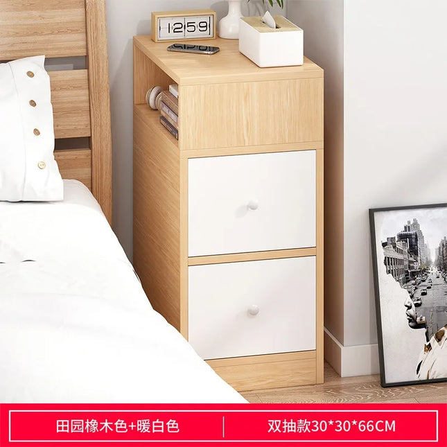 Modern Slim Bedroom Bedside Table - 2 Drawer Nightstand Storage