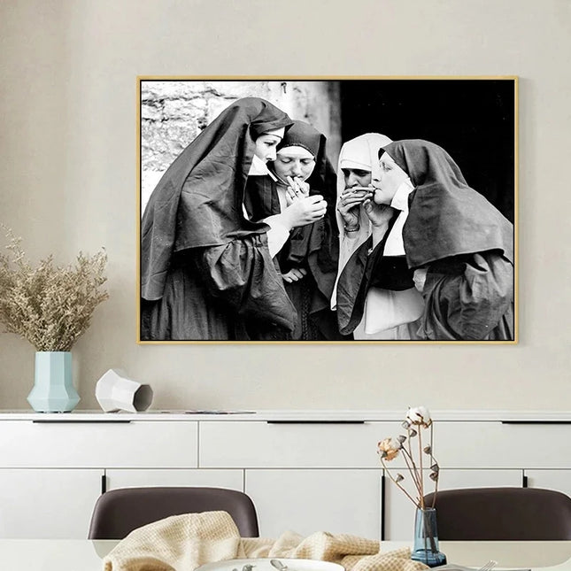 Vintage Smoking Nun Canvas Print - Funny Black and White Wall Art
