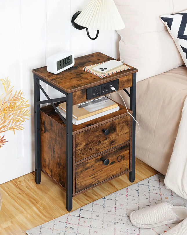HOOBRO Rustic Brown Bedside Table with Charging Station & USB Ports