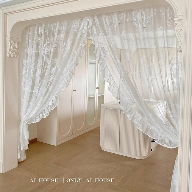 Retro Lace Gauze Curtain - Romantic Ruffle Edge Sheer for Living Room