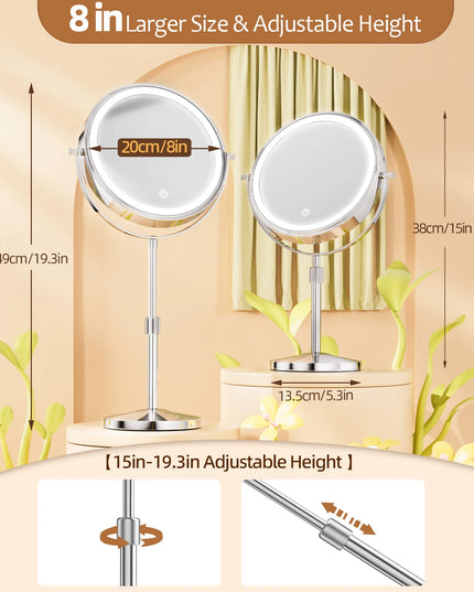 Beauty Star 8" Makeup Mirror with Light - 10X Magnification, Adjustable Height