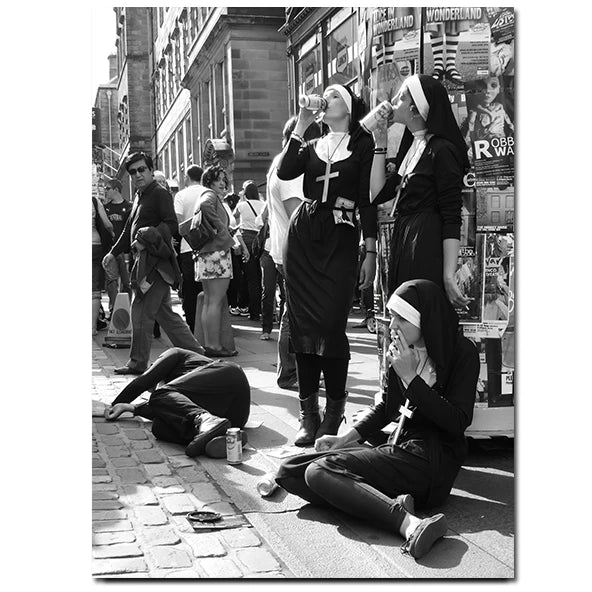Vintage Smoking Nun Canvas Print - Funny Black and White Wall Art