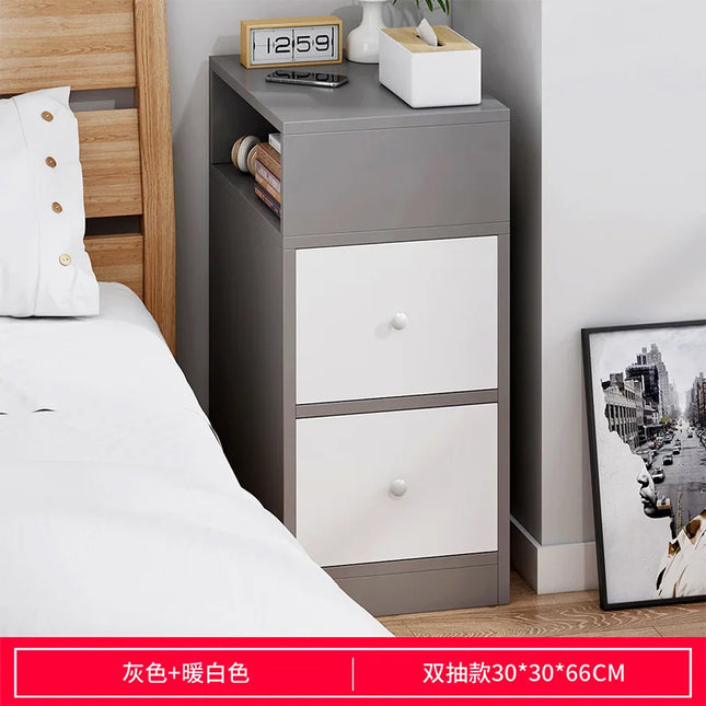 Modern Slim Bedroom Bedside Table - 2 Drawer Nightstand Storage