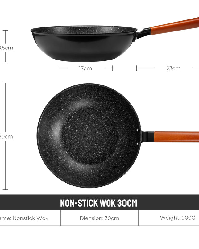 Nonstick Induction Wok Pan 30cm - Wooden Handle, All Hobs Compatible
