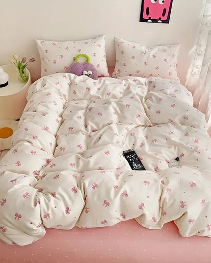 Anqianny 3pcs Pink Bow Duvet Cover Set with Pillowcases - Cozy & Breathable